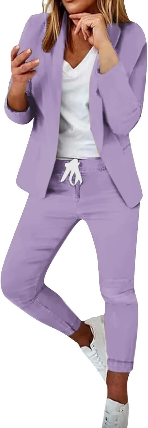 Women's 2 Piece Outfits Dressy Casual Lapel Neck Open-Front Blazer Drawstring Jogger Pants Sets Slim Fit Suit Set
