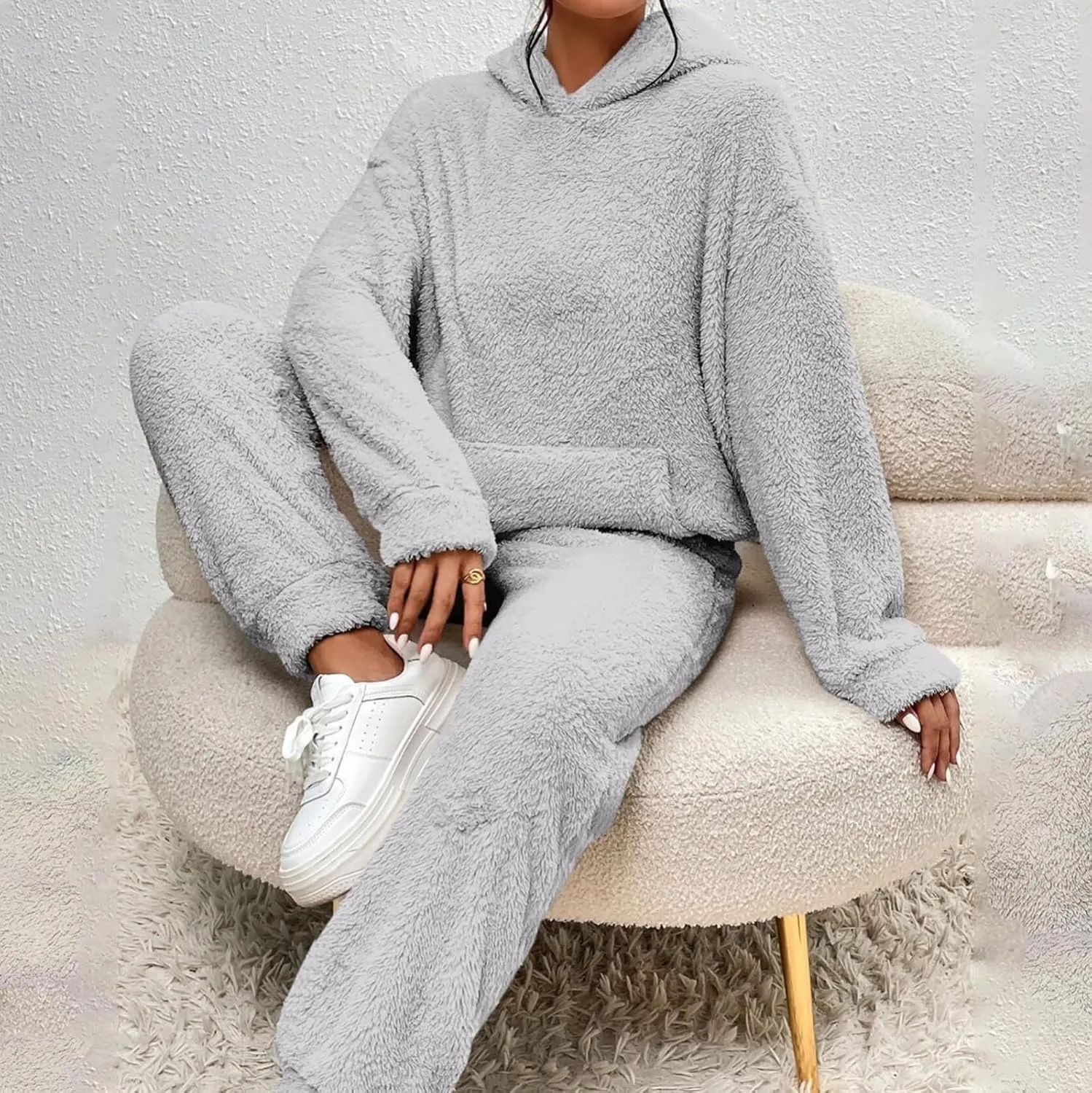 Womens 2 Piece Pajama Sets Women's Autumn and Winter Solid Color Hooded Long Sleeve Pocket Casual Fleece Pullover