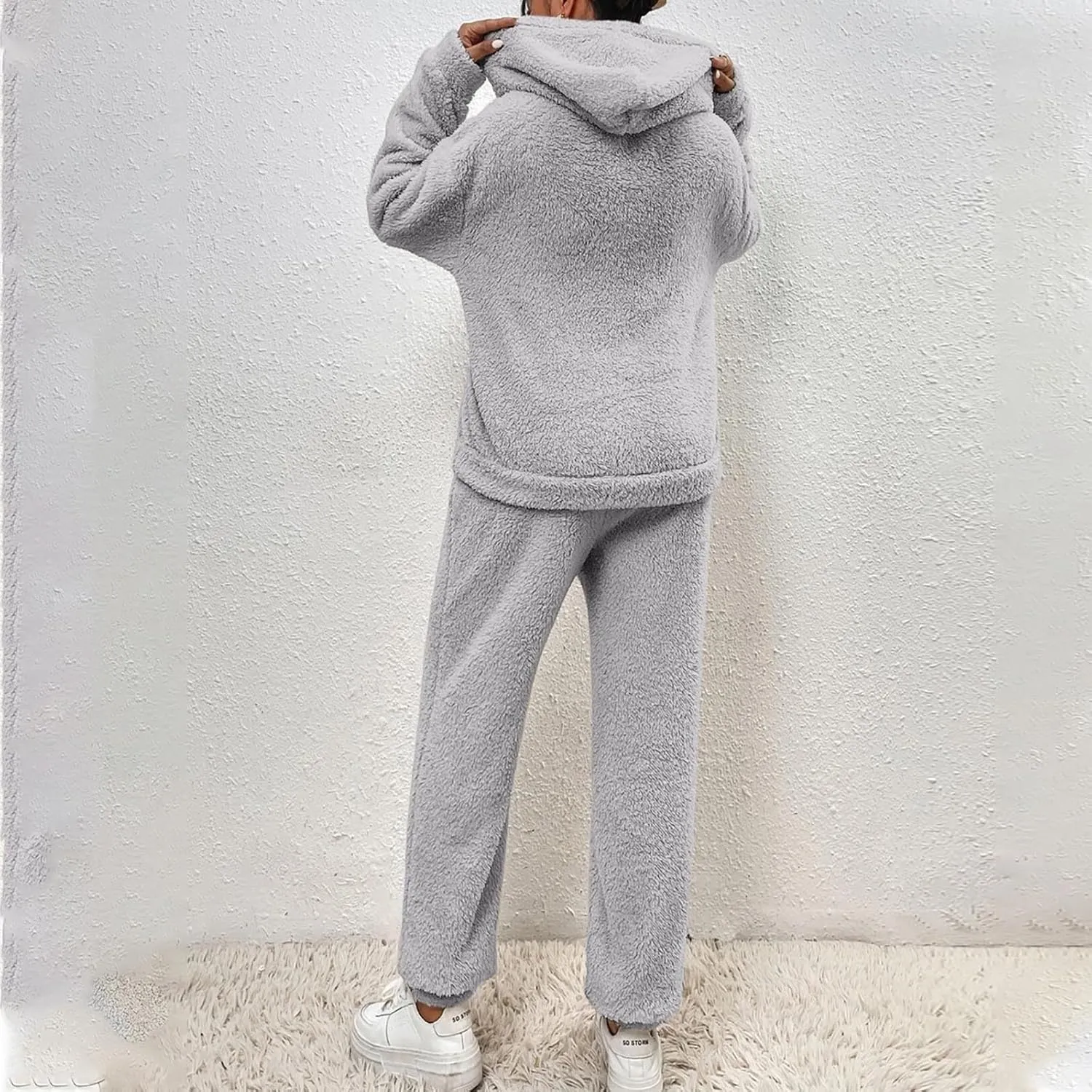 Womens 2 Piece Pajama Sets Women's Autumn and Winter Solid Color Hooded Long Sleeve Pocket Casual Fleece Pullover