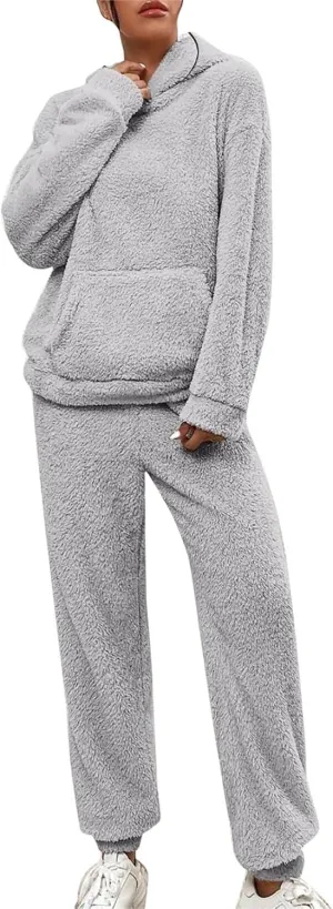 Womens 2 Piece Pajama Sets Women's Autumn and Winter Solid Color Hooded Long Sleeve Pocket Casual Fleece Pullover