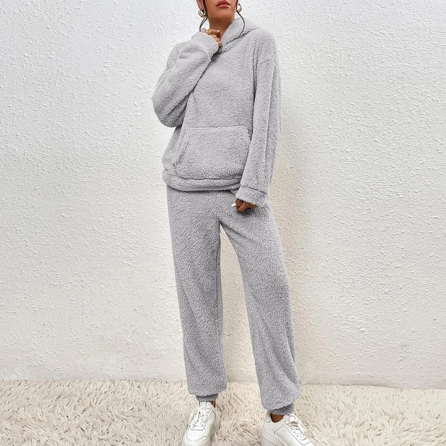 Womens 2 Piece Pajama Sets Women's Autumn and Winter Solid Color Hooded Long Sleeve Pocket Casual Fleece Pullover