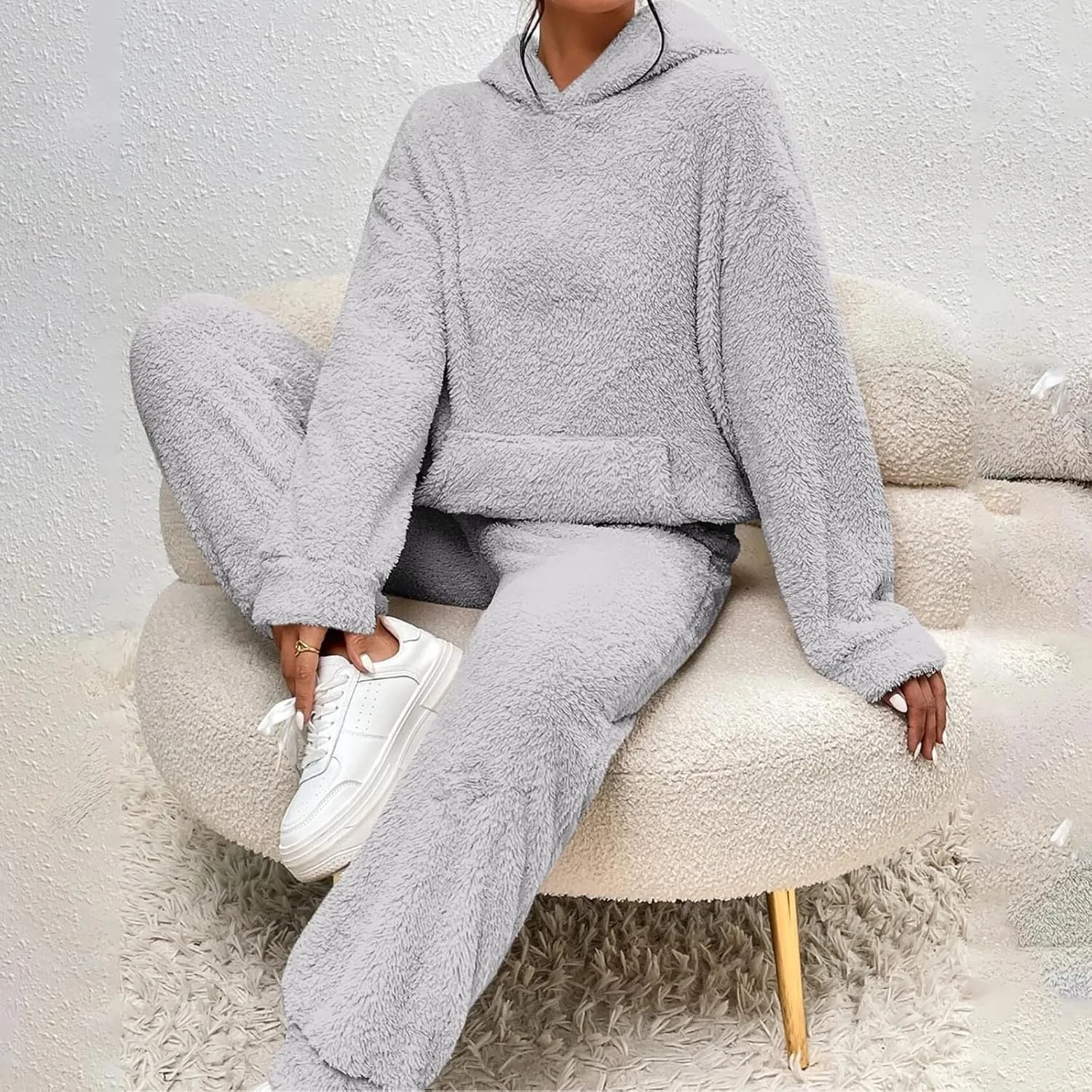 Womens 2 Piece Pajama Sets Women's Autumn and Winter Solid Color Hooded Long Sleeve Pocket Casual Fleece Pullover