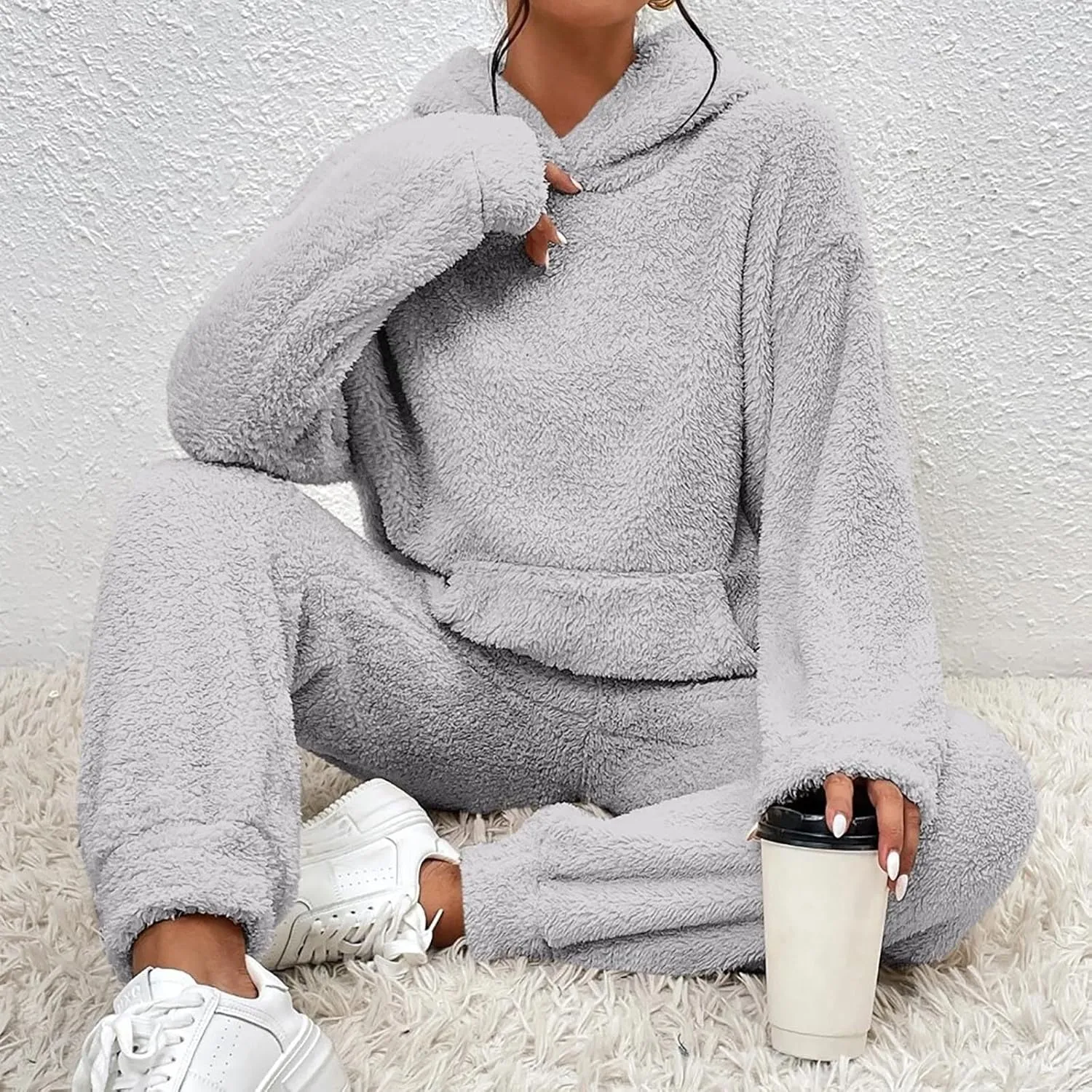 Womens 2 Piece Pajama Sets Women's Autumn and Winter Solid Color Hooded Long Sleeve Pocket Casual Fleece Pullover