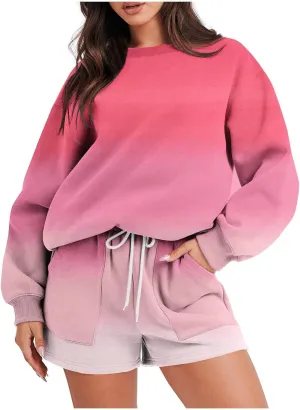 Womens 2 Piece Sweatsuit Sets Gradient Long Sleeve Sweatshirt Matching Lounge Sets Short Pants Set Loungewear
