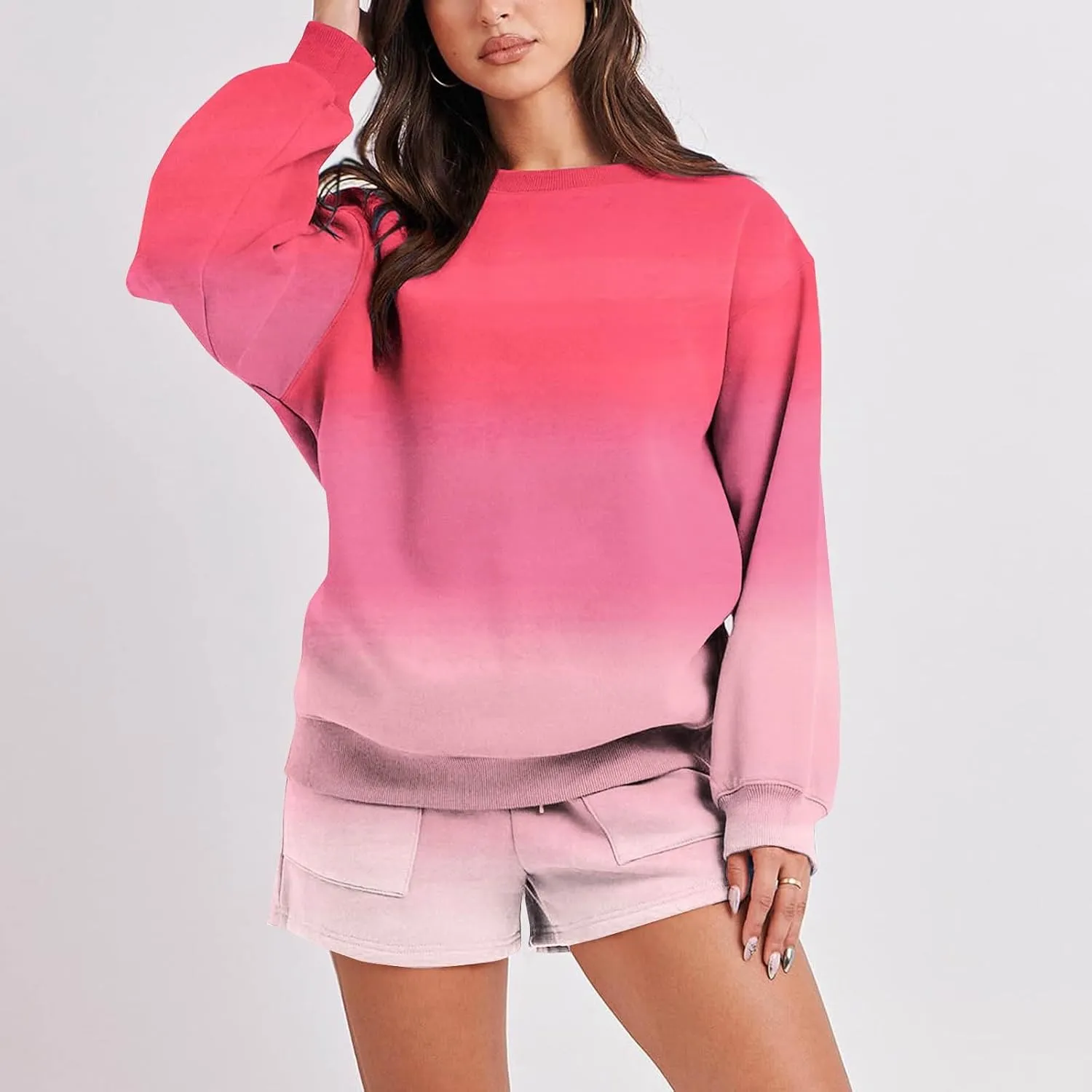 Womens 2 Piece Sweatsuit Sets Gradient Long Sleeve Sweatshirt Matching Lounge Sets Short Pants Set Loungewear