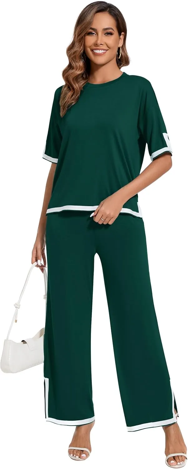 Women's 2025 Summer 2 Piece Outfits Casual Short Sleeve Crewneck TShirt High Waist Pants Tracksuit With Pockets