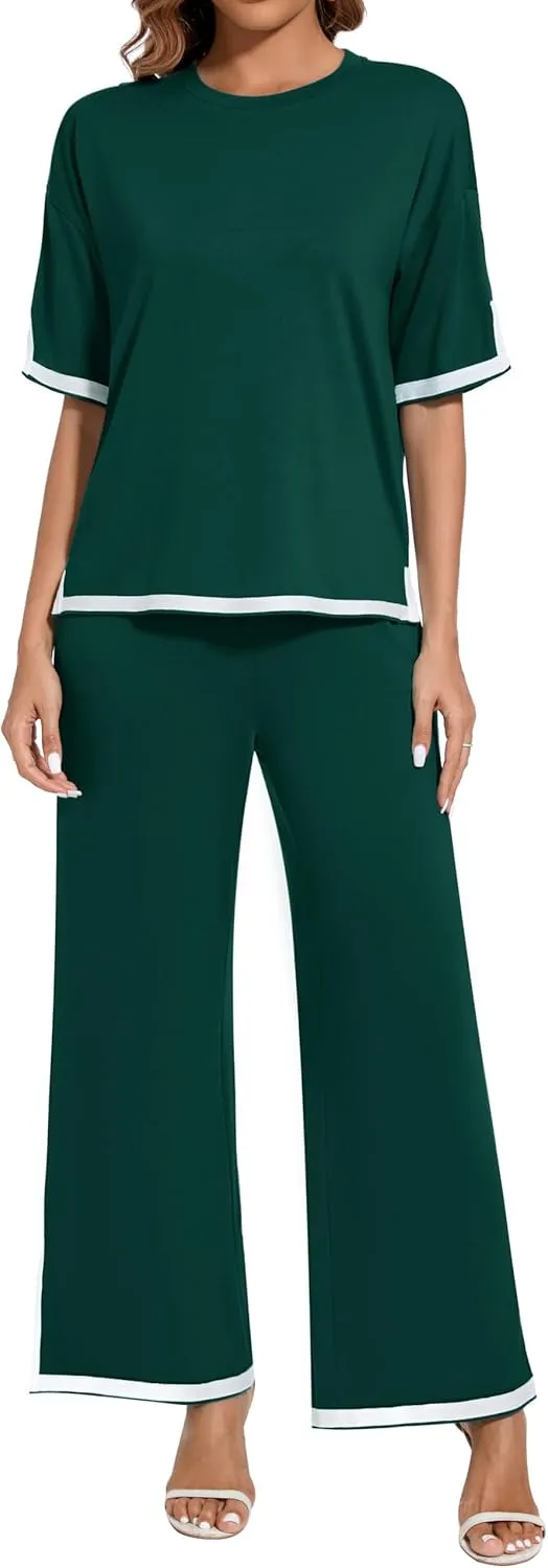 Women's 2025 Summer 2 Piece Outfits Casual Short Sleeve Crewneck TShirt High Waist Pants Tracksuit With Pockets