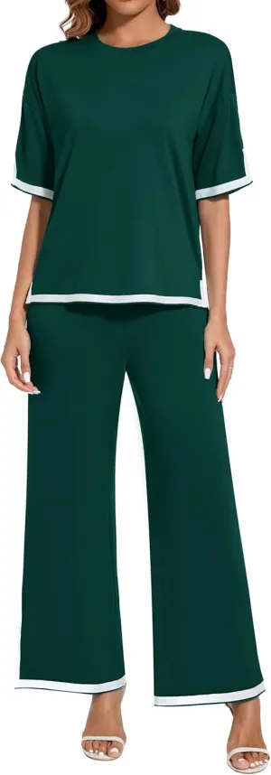 Women's 2025 Summer 2 Piece Outfits Casual Short Sleeve Crewneck TShirt High Waist Pants Tracksuit With Pockets