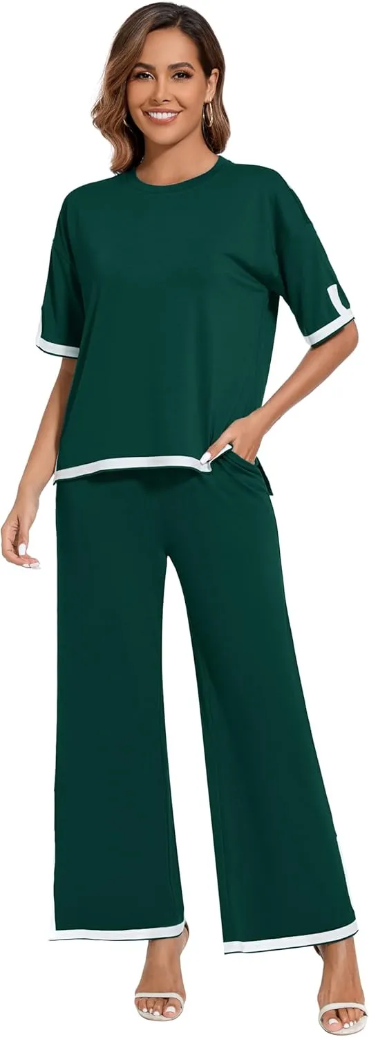 Women's 2025 Summer 2 Piece Outfits Casual Short Sleeve Crewneck TShirt High Waist Pants Tracksuit With Pockets