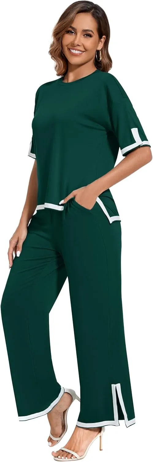 Women's 2025 Summer 2 Piece Outfits Casual Short Sleeve Crewneck TShirt High Waist Pants Tracksuit With Pockets