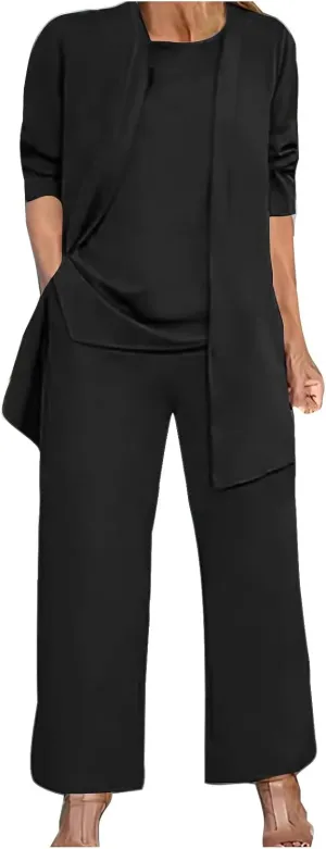 Women's 3 Piece Outfits Long Sleeve Cardigans Coat Crew Neck Sleeveless Vest Wide Leg Long Pants Loose Lounge Sets