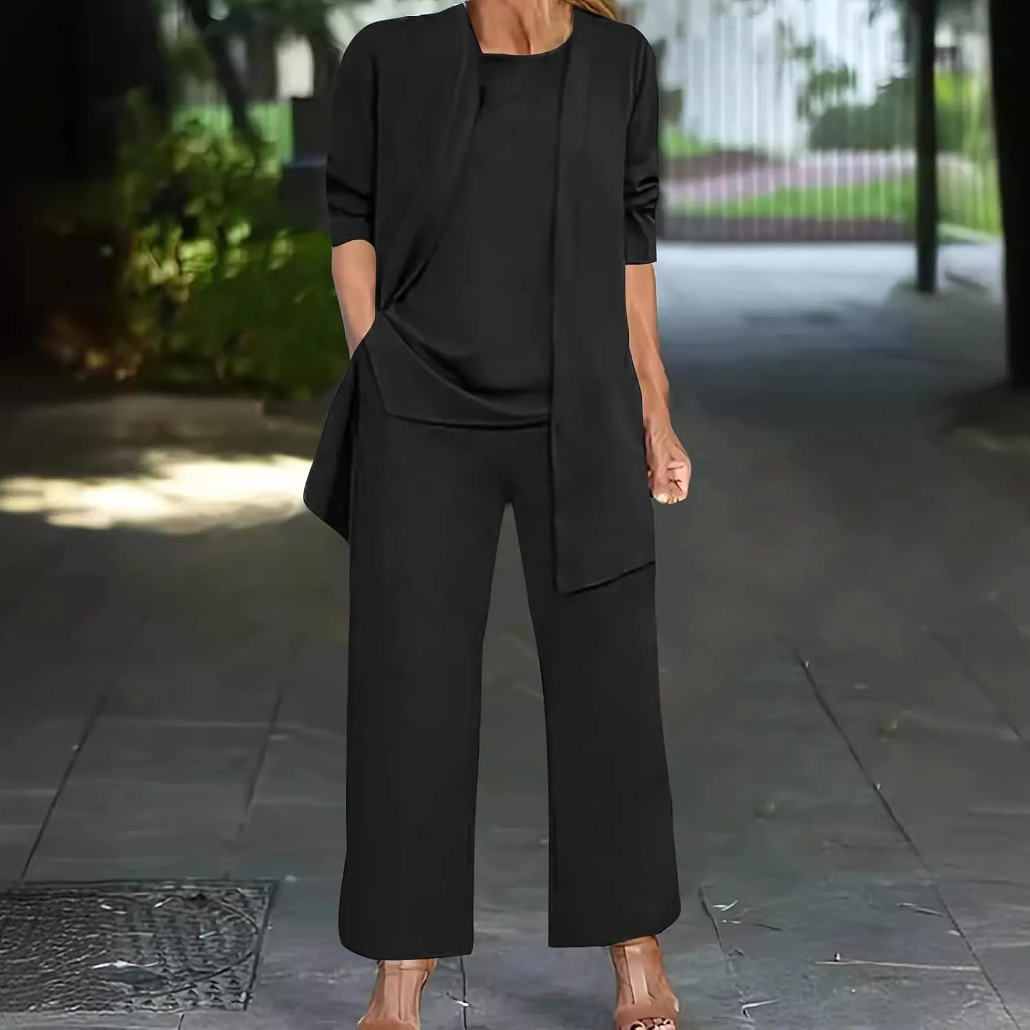 Women's 3 Piece Outfits Long Sleeve Cardigans Coat Crew Neck Sleeveless Vest Wide Leg Long Pants Loose Lounge Sets