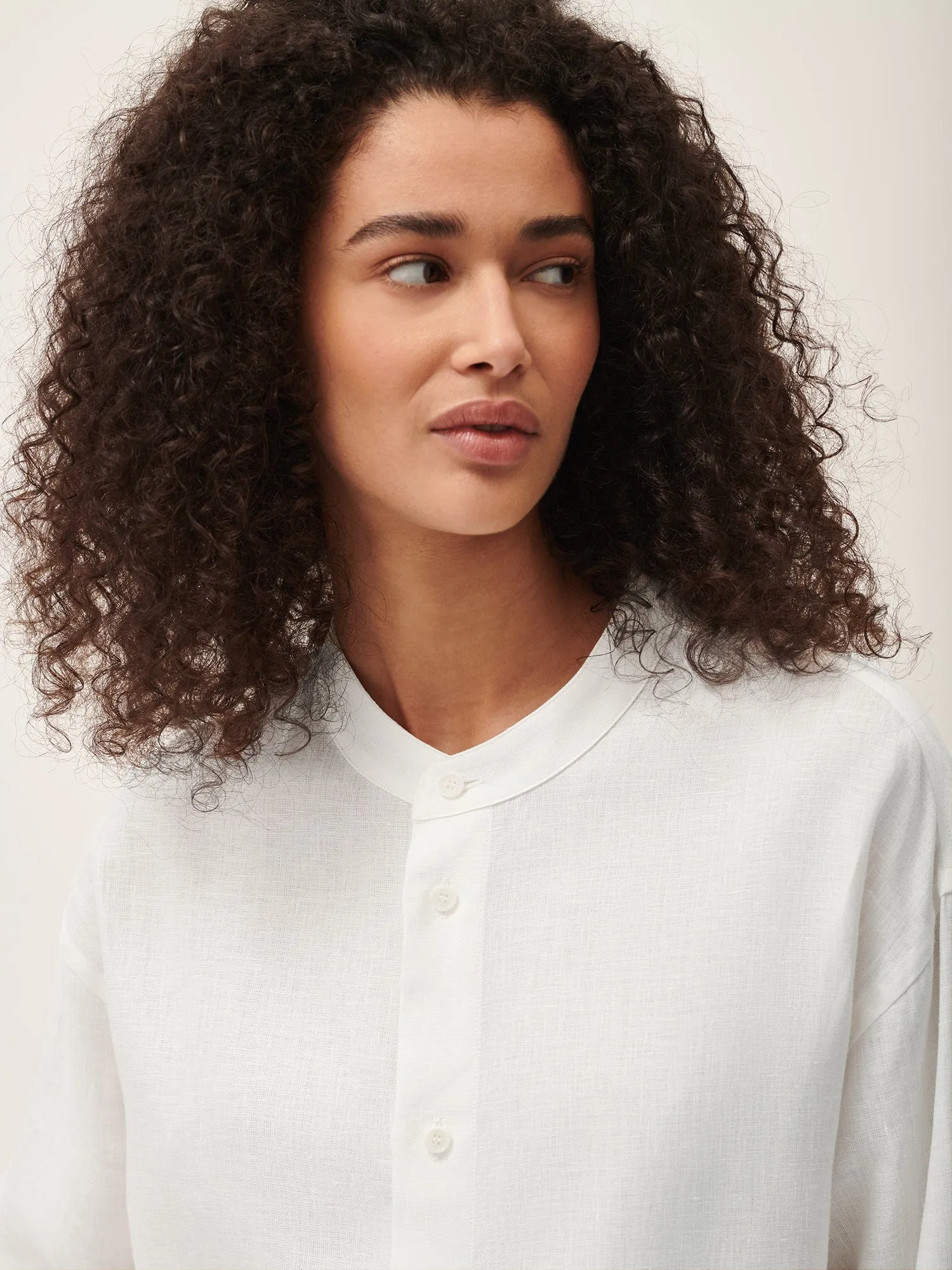 Womens Aloe Linen Mandarin Collar Long Sleeve Shirtoff-white