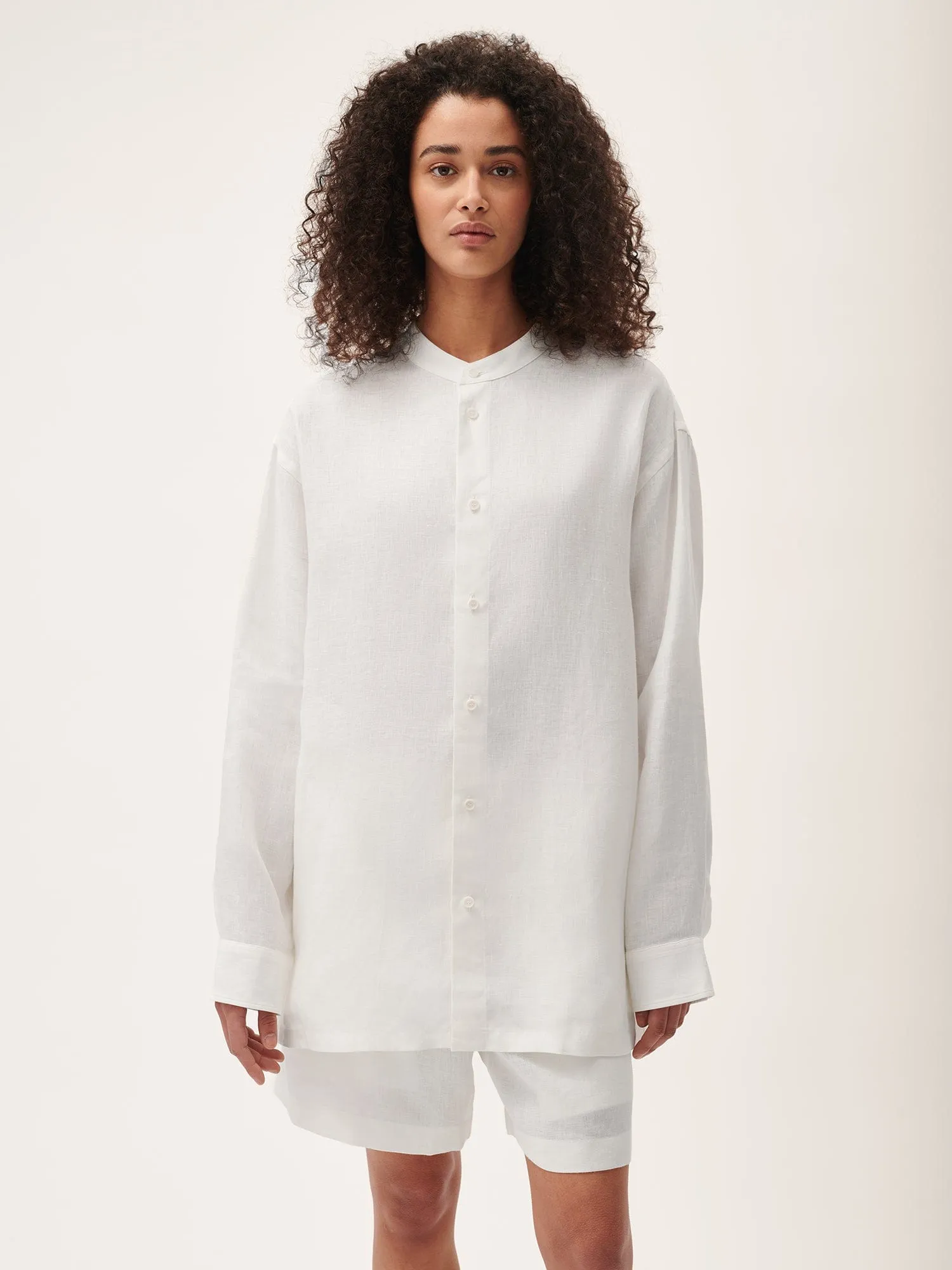 Womens Aloe Linen Mandarin Collar Long Sleeve Shirtoff-white