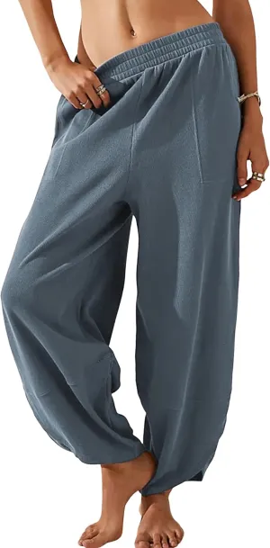 Womens Baggy Pants Wide Leg Cotton Elastic Waist Lounge Pants with Pockets
