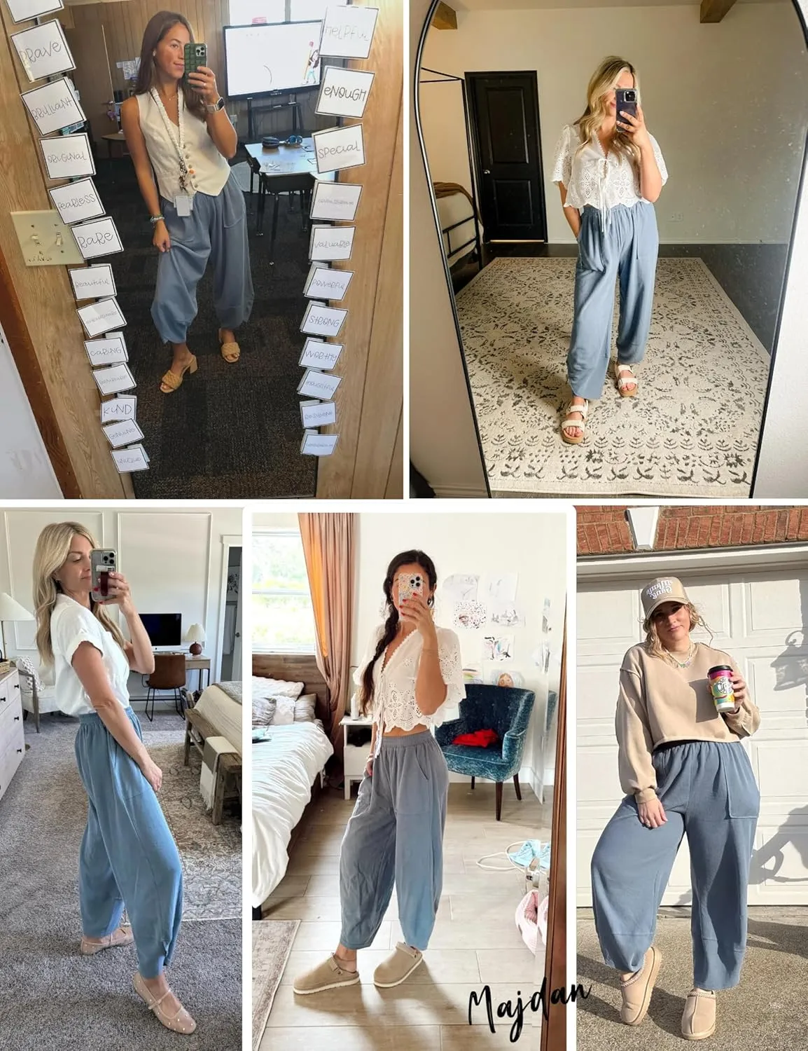 Womens Baggy Pants Wide Leg Cotton Elastic Waist Lounge Pants with Pockets
