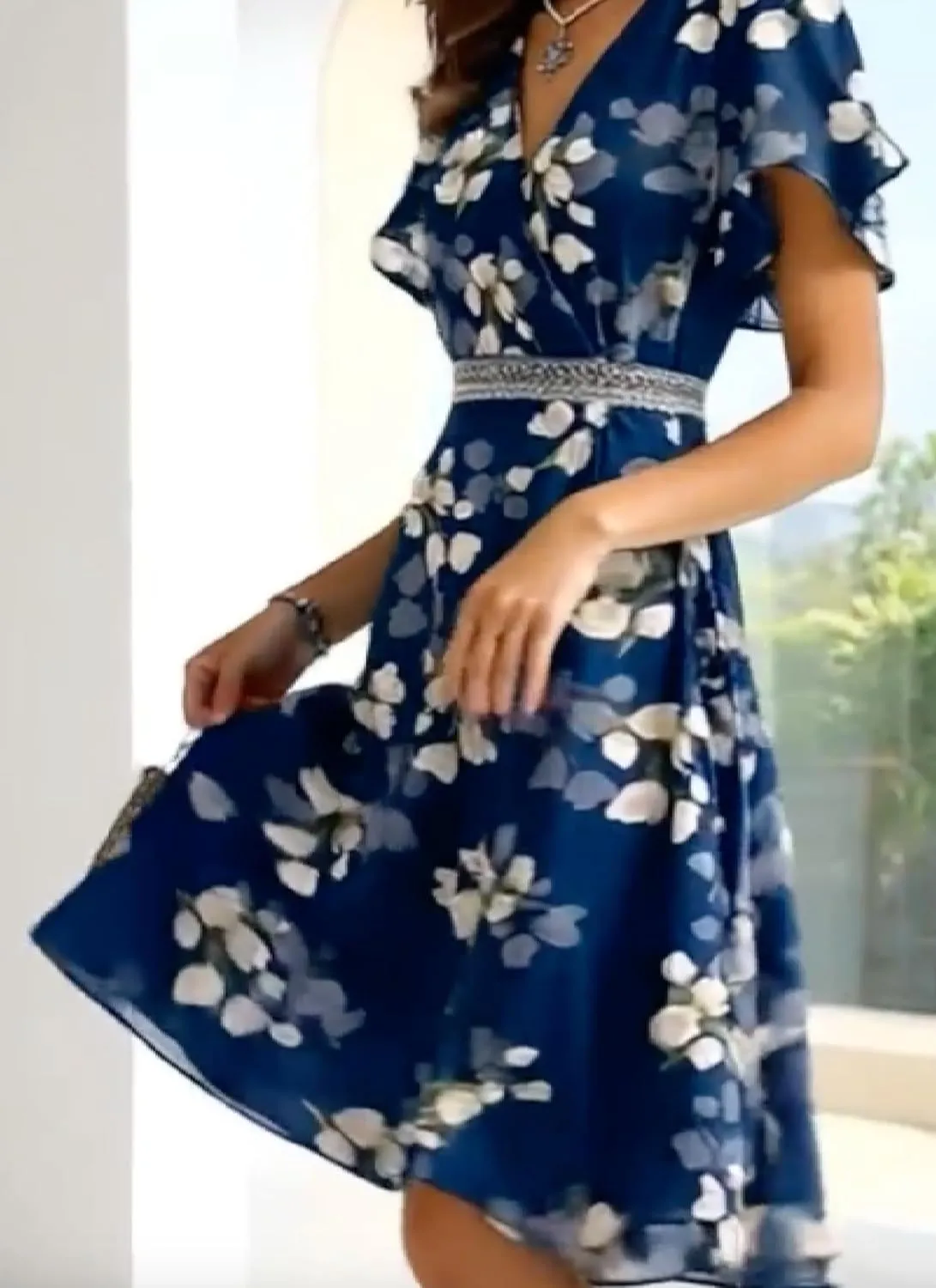 Womens Bohemian Wrap V Neck Short Sleeve Floral Print Mini Dress Flowy Light A-Line High Waist Ruffle Dress