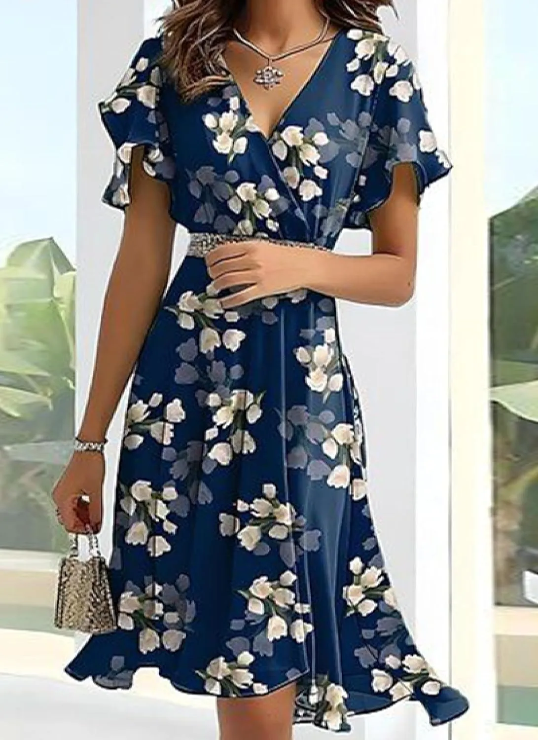 Womens Bohemian Wrap V Neck Short Sleeve Floral Print Mini Dress Flowy Light A-Line High Waist Ruffle Dress