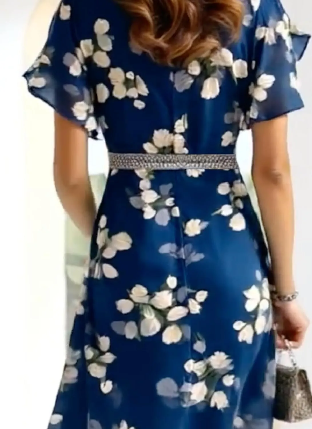 Womens Bohemian Wrap V Neck Short Sleeve Floral Print Mini Dress Flowy Light A-Line High Waist Ruffle Dress