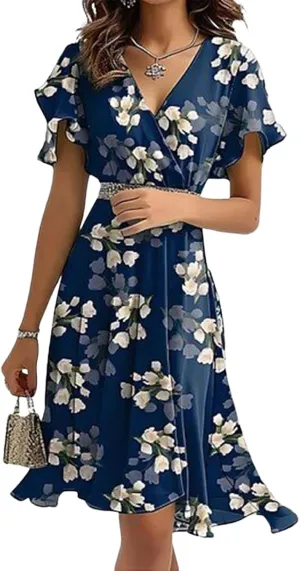 Womens Bohemian Wrap V Neck Short Sleeve Floral Print Mini Dress Flowy Light A-Line High Waist Ruffle Dress