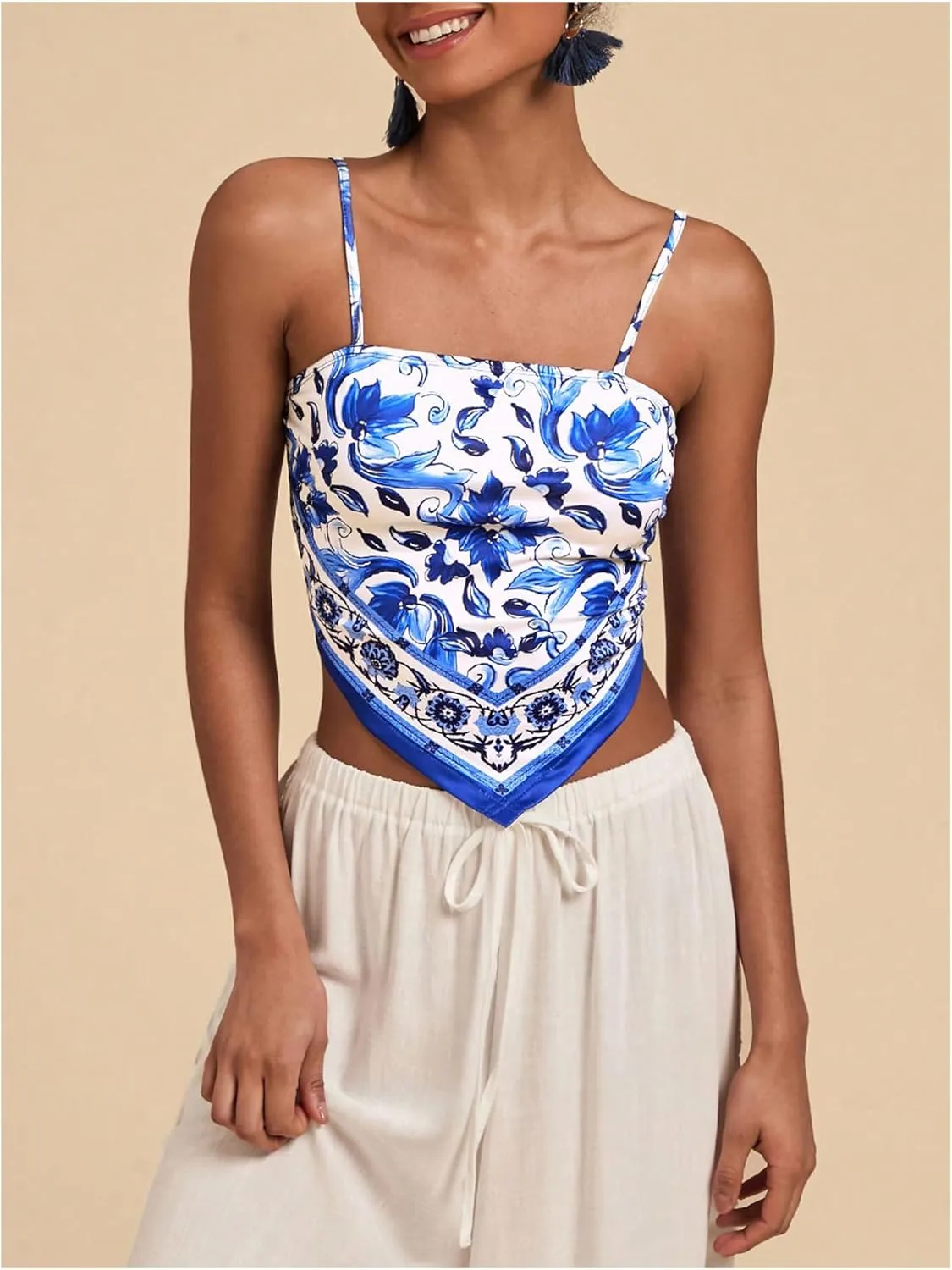 Women's Boho Graphic Sleeveless Camisole Y2k Asymmetrical Hem Cropped Cami