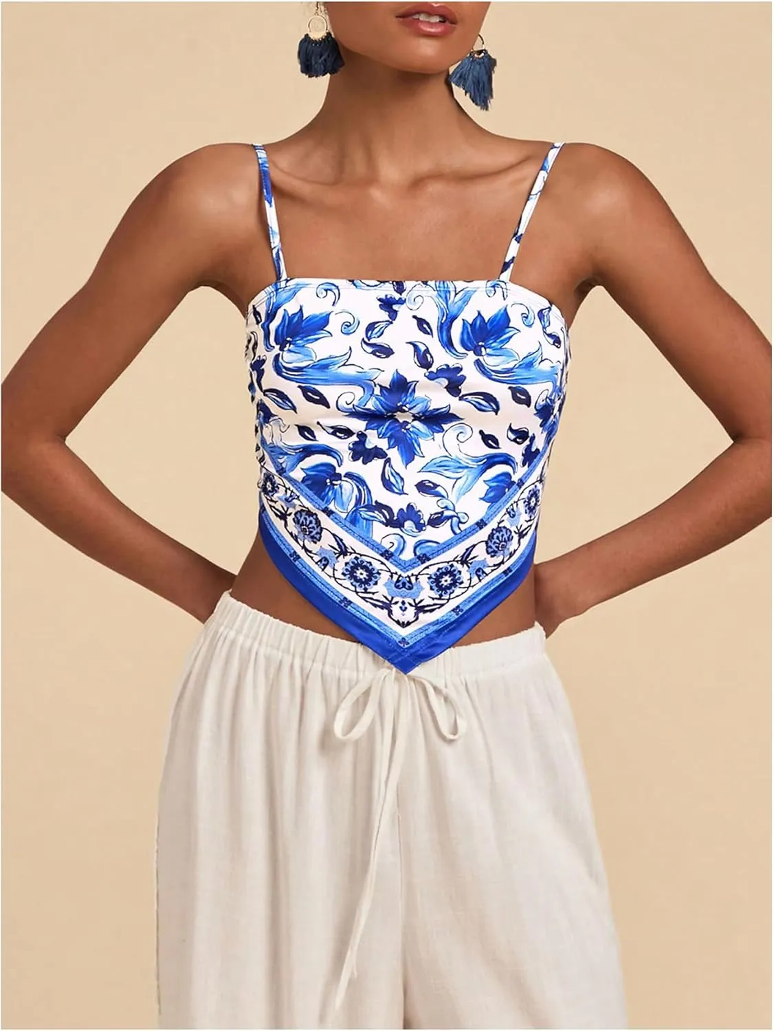Women's Boho Graphic Sleeveless Camisole Y2k Asymmetrical Hem Cropped Cami