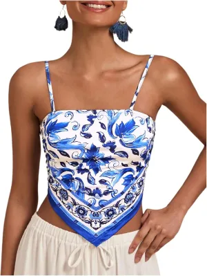 Women's Boho Graphic Sleeveless Camisole Y2k Asymmetrical Hem Cropped Cami