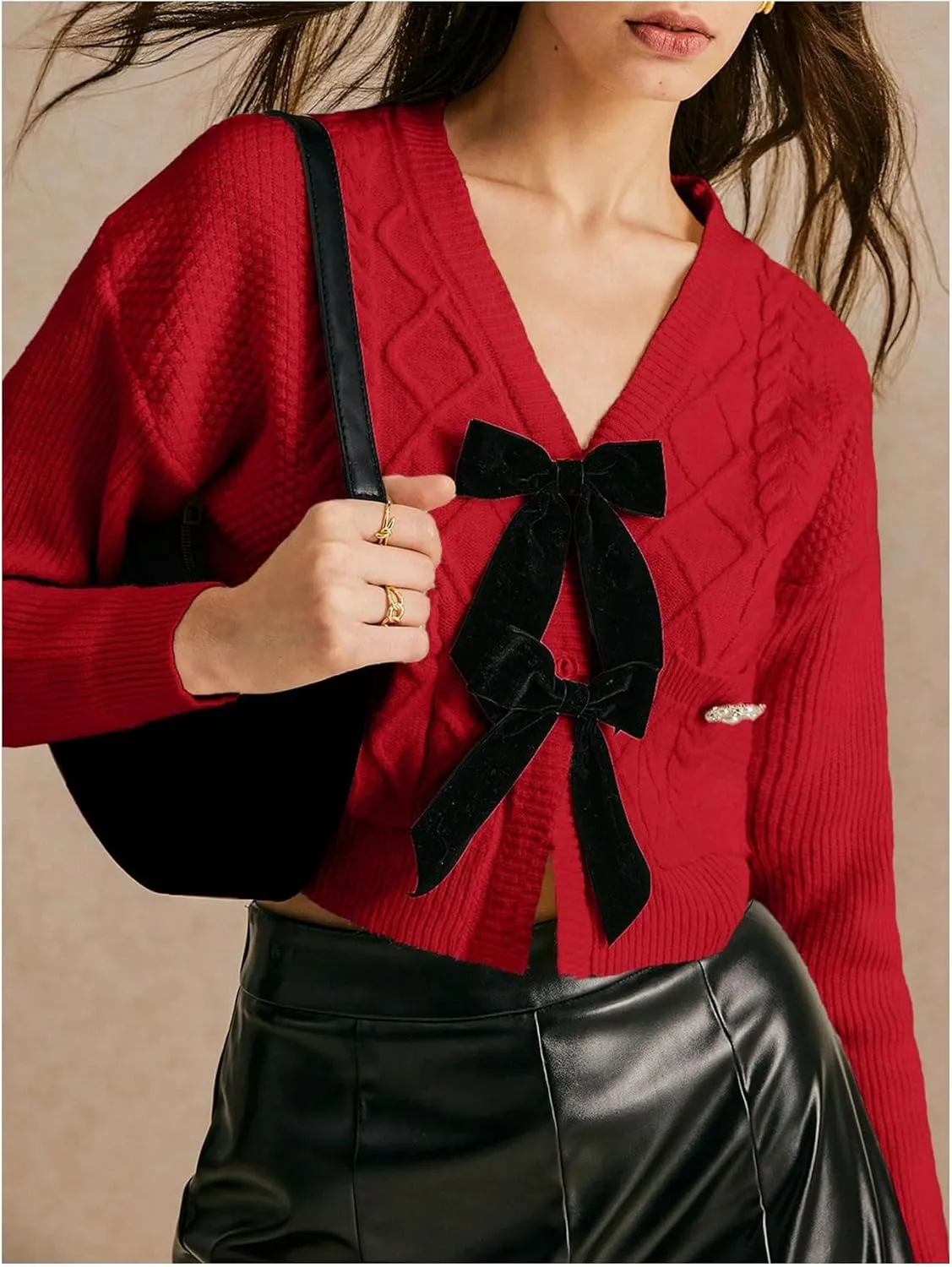 Women's Bowknot Cropped Cardigan Sweater Long Sleeve Button Up Knit Tops Outerwear