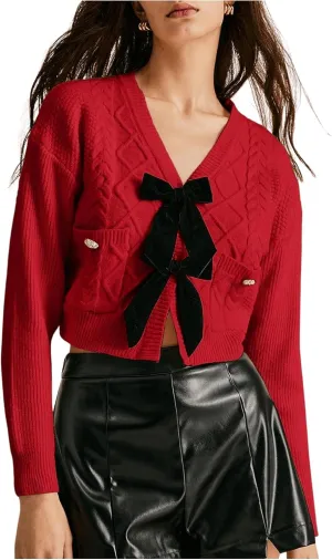 Women's Bowknot Cropped Cardigan Sweater Long Sleeve Button Up Knit Tops Outerwear