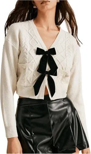 Women's Bowknot Cropped Cardigan Sweater Long Sleeve Button Up Knit Tops Outerwear