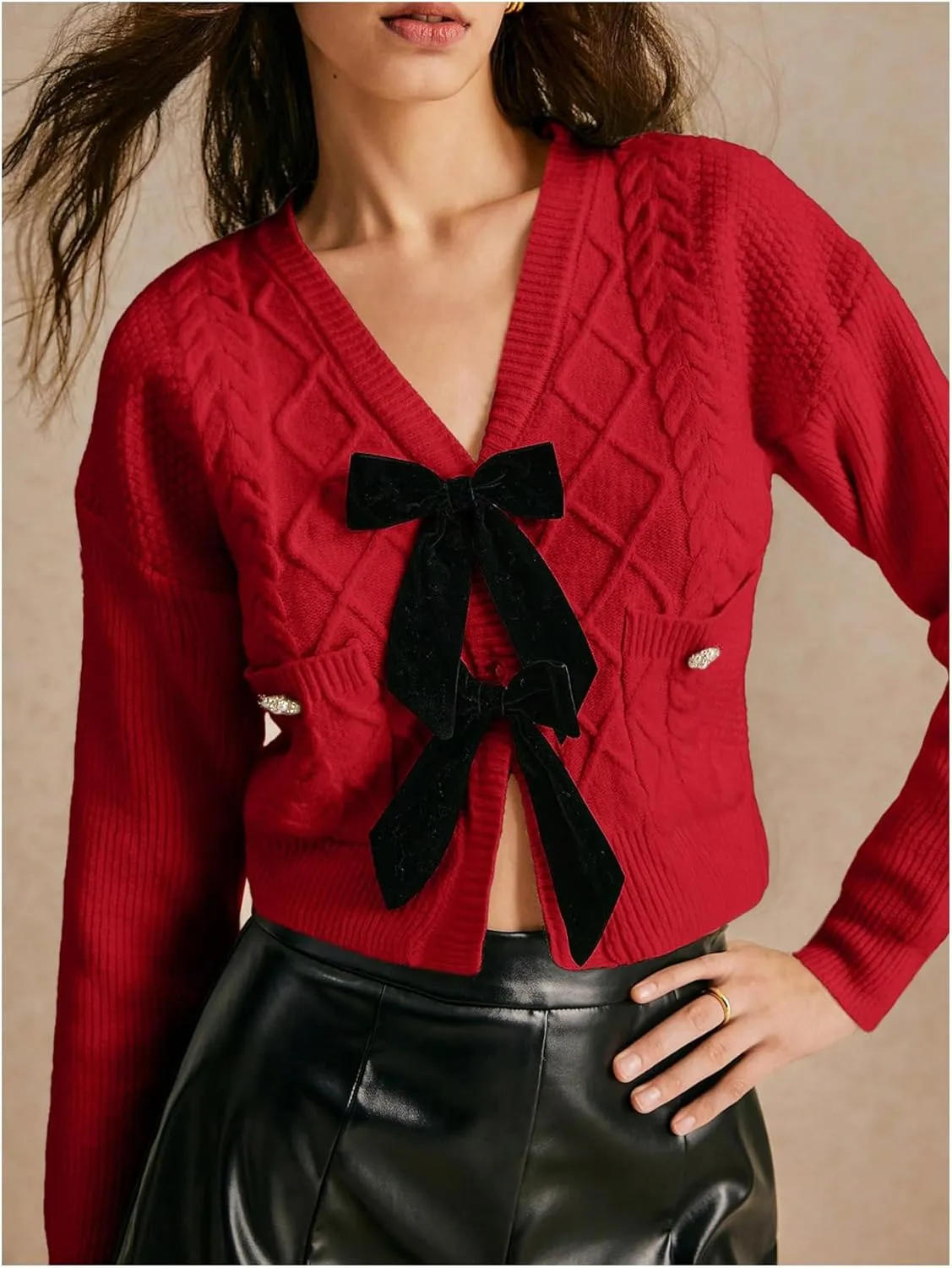 Women's Bowknot Cropped Cardigan Sweater Long Sleeve Button Up Knit Tops Outerwear