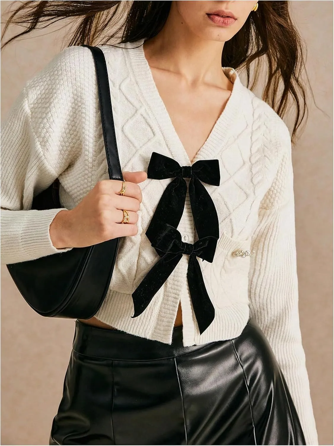 Women's Bowknot Cropped Cardigan Sweater Long Sleeve Button Up Knit Tops Outerwear