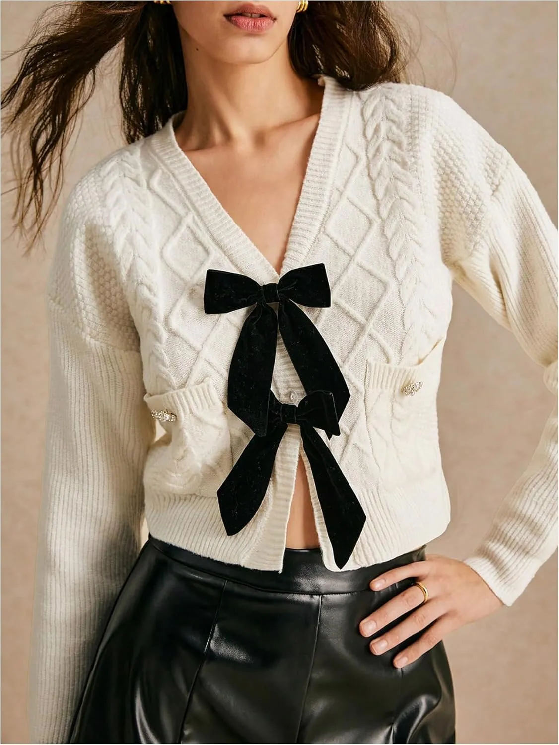 Women's Bowknot Cropped Cardigan Sweater Long Sleeve Button Up Knit Tops Outerwear