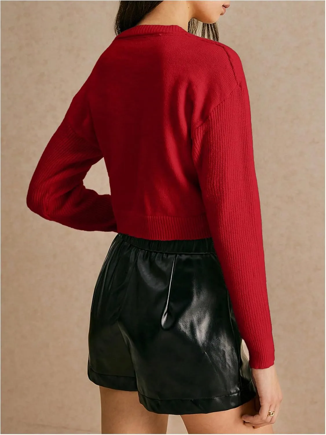Women's Bowknot Cropped Cardigan Sweater Long Sleeve Button Up Knit Tops Outerwear