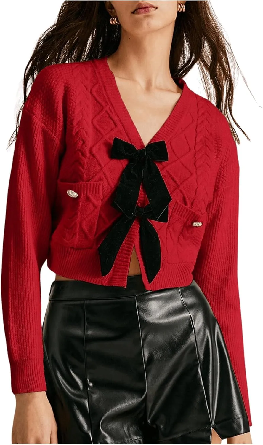 Women's Bowknot Cropped Cardigan Sweater Long Sleeve Button Up Knit Tops Outerwear