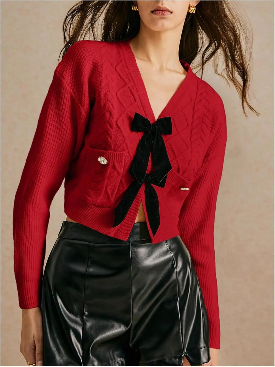 Women's Bowknot Cropped Cardigan Sweater Long Sleeve Button Up Knit Tops Outerwear