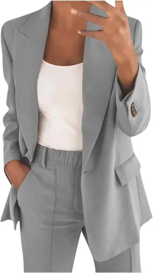 Womens Business Casual Outfits for Work Two Piece Office Sets Long Sleeve Blazer Jacket and Elastic Waist Pants
