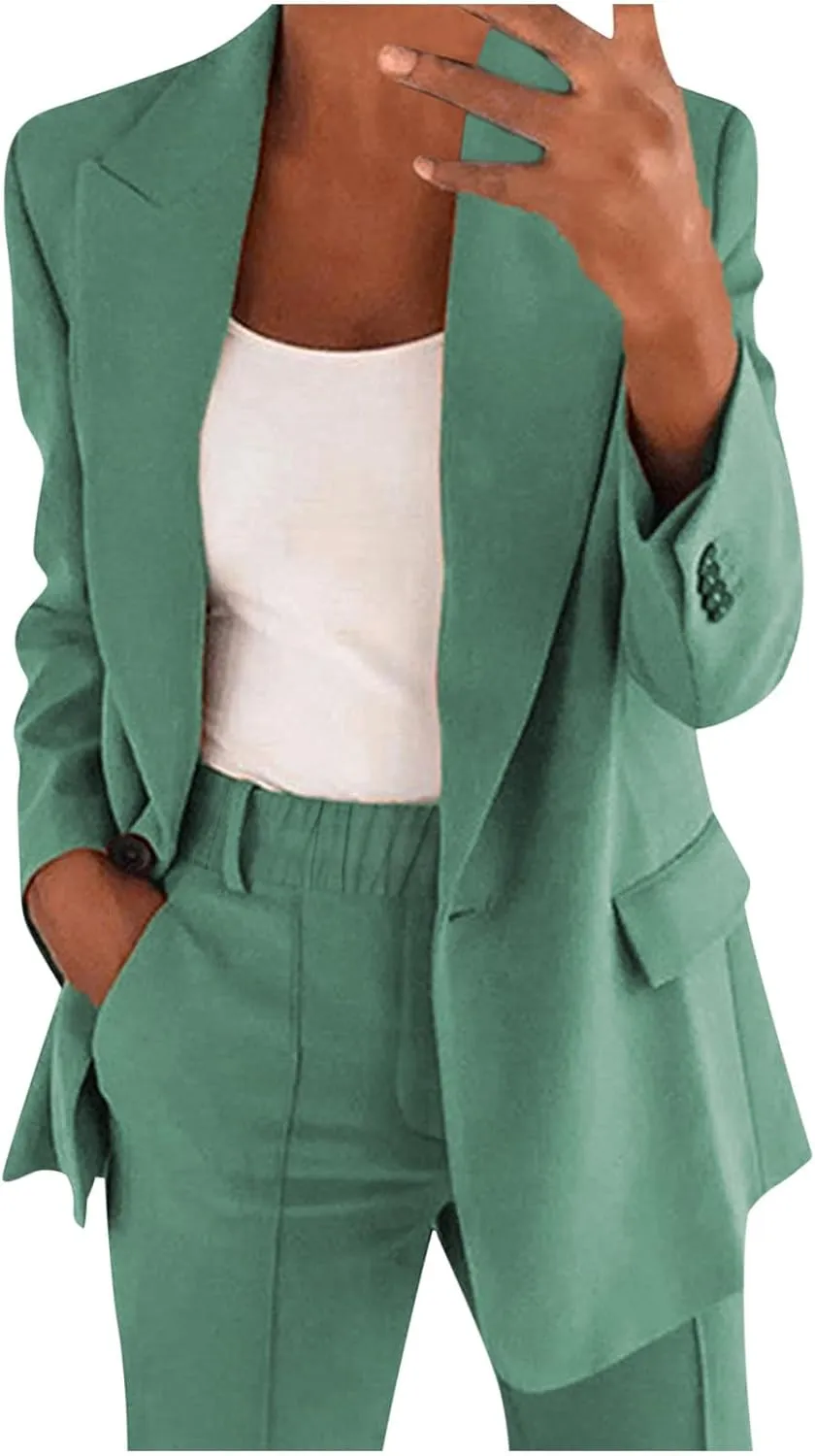 Womens Business Casual Outfits for Work Two Piece Office Sets Long Sleeve Blazer Jacket and Elastic Waist Pants