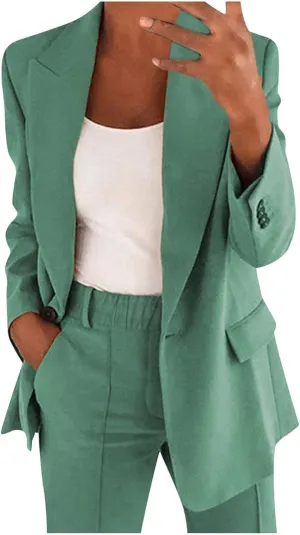 Womens Business Casual Outfits for Work Two Piece Office Sets Long Sleeve Blazer Jacket and Elastic Waist Pants