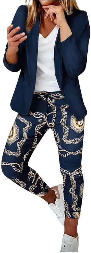 Womens Business Casual Sets 2 Piece Outfits Office Work Long Sleeve Blazer Jacket Drawstring Pants Trendy Suit Sets