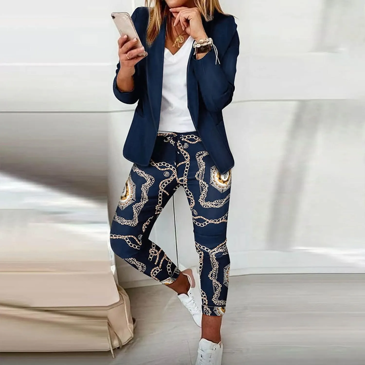 Womens Business Casual Sets 2 Piece Outfits Office Work Long Sleeve Blazer Jacket Drawstring Pants Trendy Suit Sets
