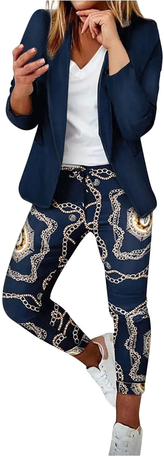 Womens Business Casual Sets 2 Piece Outfits Office Work Long Sleeve Blazer Jacket Drawstring Pants Trendy Suit Sets
