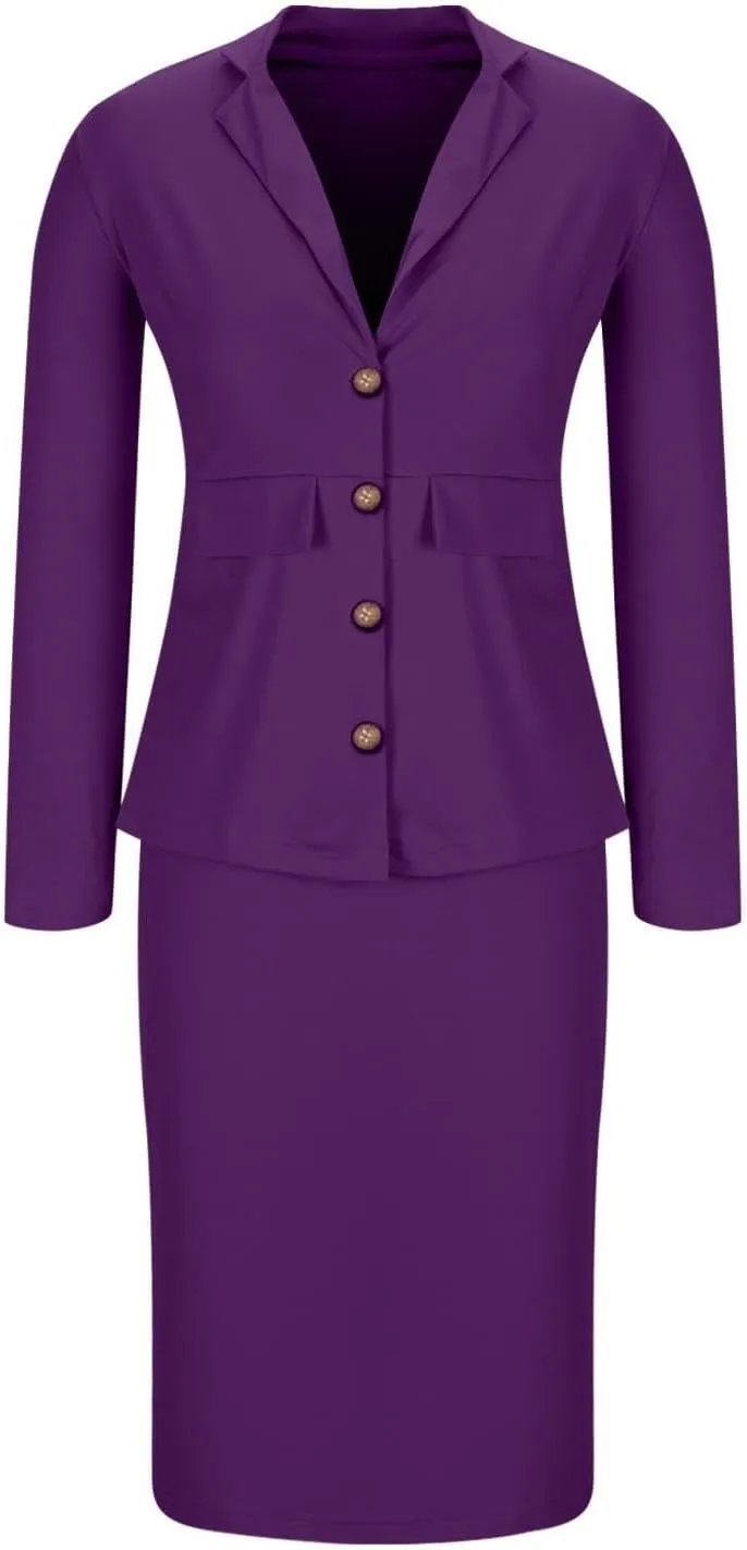 Women's Business Suit 2 Piece Long Sleeve Skirt Suit Set Lady Blazer Office Work Solid Slim Fit Jacket Outfits