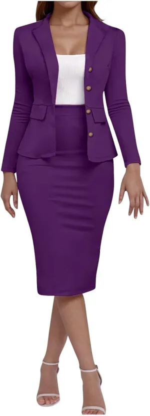 Women's Business Suit 2 Piece Long Sleeve Skirt Suit Set Lady Blazer Office Work Solid Slim Fit Jacket Outfits