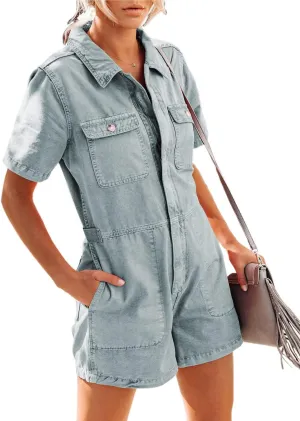 Women's Casual Distressed Zip Short Sleeve Denim Jean Vintage Loose Jumpsuit Romper Shorts