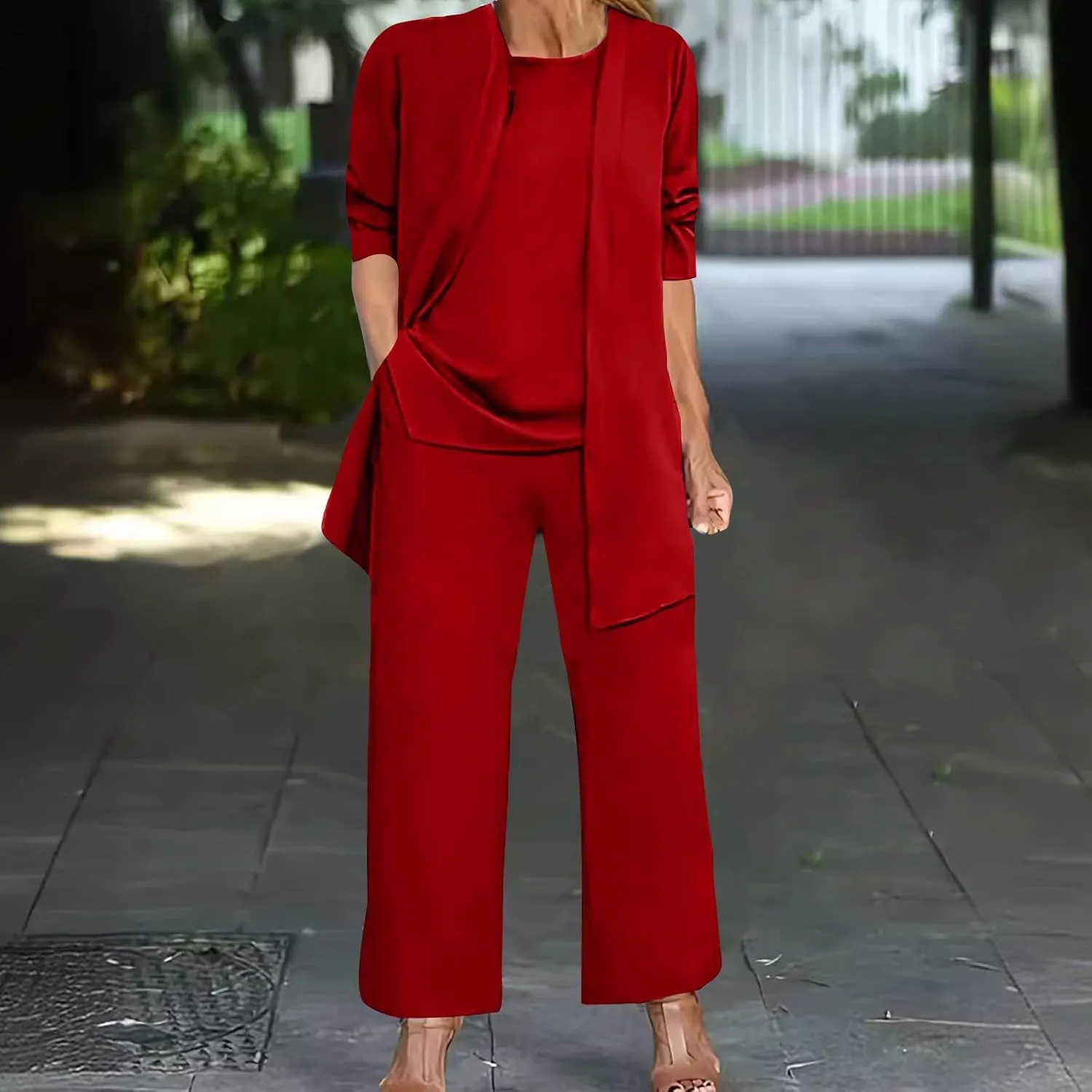 Womens Casual Outfits 3 Piece Sets Sleeveless Tank Tops and Wide Leg Pants Suit with Open Front Jacket Cardigan
