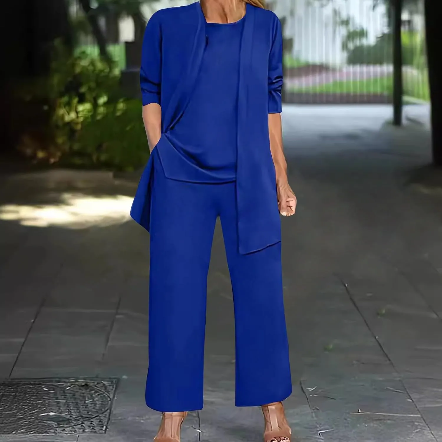 Womens Casual Outfits 3 Piece Sets Sleeveless Tank Tops and Wide Leg Pants Suit with Open Front Jacket Cardigan