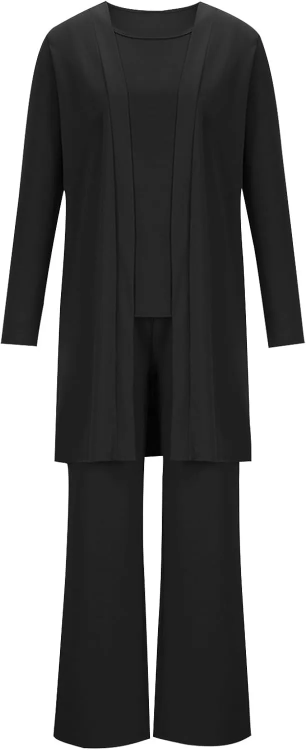 Womens Casual Outfits 3 Piece Sets Sleeveless Tank Tops and Wide Leg Pants Suit with Open Front Jacket Cardigan