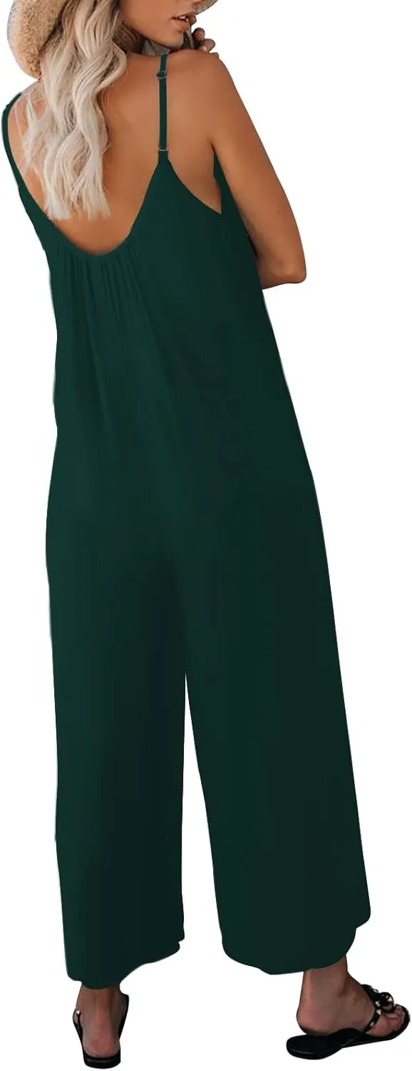 Womens Casual Sleeveless Strap Loose Adjustable Jumpsuits Stretchy Long Pants Romper with Pockets