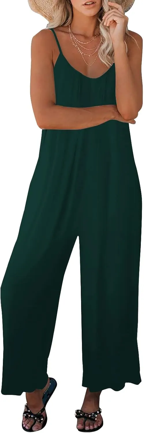 Womens Casual Sleeveless Strap Loose Adjustable Jumpsuits Stretchy Long Pants Romper with Pockets